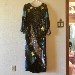 VTG 80s Black Sequins Dress Maxi Dress Gold Stars Blue Pink Lightning Bolt Sz 6